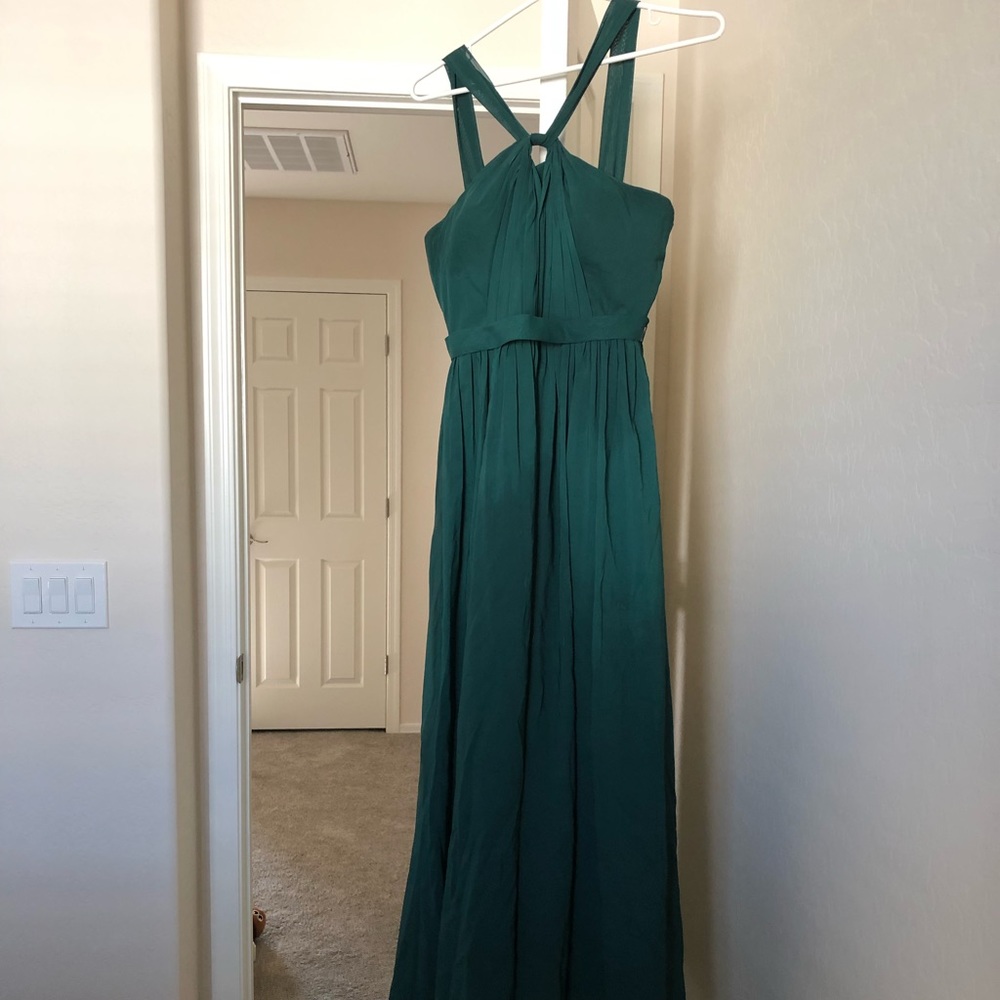 Scooped neck, dark green, A-line bridesmaids dress
